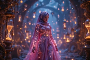 The main subject, a hijabi woman in neon glow wireframe clothing, navigates through a bustling steampunk market adorned with spinning clockwork mechanisms and cascading hourglasses at night. The scene is captured from an over-the-shoulder angle, highlighting the vibrant glow of her attire. Soft, diffused lighting creates shimmering effects on the wireframe surfaces, with reflections emphasizing the intricate clockwork around her. The background features blurred cogs and sand flowing in hourglasses, all softened to accentuate the main subject's presence. The starry sky with billowing steam enhances the overall enchanting atmosphere.

(1.6-1) dS = δQ_rev/T::0.6 neon wireframe::0.4 steampunk market with clockwork and hourglass elements --s 8k photorealistic,Magicallights,divinelights,Neonwireframe,SteampunkHijab