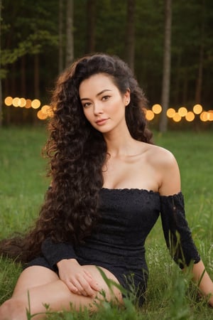 masterpiece, best quality, photorealistic, raw photo, 30 years old woman, long hair, black hair, curly hair, detailed skin texture, pore, off_shoulder, off_leg, fit body, hourglass figure, full body, outside, night time, dark night, sitting on grass, In the forest, bokeh,28yo girl ,Girl