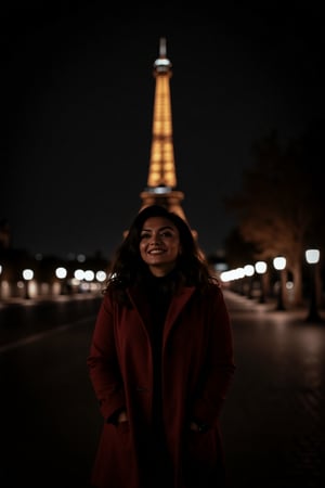 1girl, beautiful, paris, eiffel, night, masterpiece, best quality, high resolution, 8k, sharp focus, cinematography, cinematic lighting, movie scene, muted colors, professional, depth of field, photorealistic, magnificent, maximum details, (RAW, dslr, hdr, highest quality), smooth, roughness, hyper realistic, film grain, bokeh, epic, dramatic, wearing long coat, cinematic long shot, wide shot, full body shot, her long, looking at camera, smile, stand pose,Mallu woman