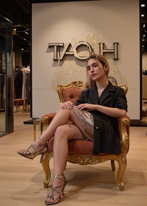 A modern, beautiful woman sits elegantly on a throne inside a stylish boutique shop. The background features a wall with the shop's name "TACHI" clearly visible. She exudes confidence and sophistication, with her fashionable attire complementing the luxurious ambiance of the boutique. The shop is decorated with sleek, contemporary designs, and the lighting highlights both the woman and the shop's details. The throne she sits on is ornate yet modern, blending seamlessly with the chic atmosphere of the store.
