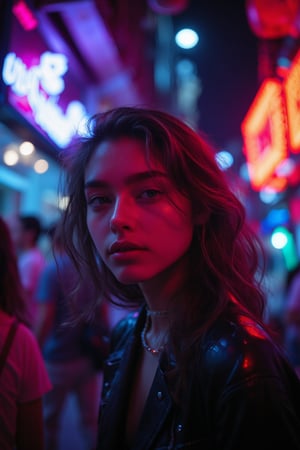 The atmosphere is fun and inviting, featuring colors like black, blue, dark blue, dark purple, gray, light green, purple, and orange. Neon lights in pink, blue, and green illuminate the space, creating a bokeh and Depth of Fieldeffect. The focus is on the girl from the torso to the head, captured in a cinematic style with a Sony A7R IV full-frame camera