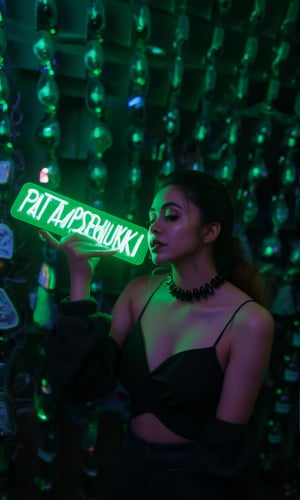 a vibrant young woman stands proudly holding a neon sign that reads "PATTAPERUKKI" in bold, glowing green letters. She is wearing a black strapless shirt, adorned with a black necklace and a black bracelet. Her left arm is adorned with tattoos, adding a pop of color to her outfit. The backdrop is a vibrant mix of green and blue lights, creating a striking contrast to her figure.