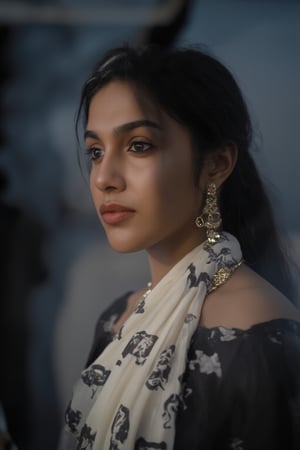 A close-up shot of a Indian woman in a black and white saree, adorned with gold earrings and a gold necklace. The woman's hair is pulled back in a ponytail, adding a touch of color to her face. The background is blurred, creating a stark contrast to the woman's outfit. The saree she is wearing is cream in color, with a black pattern on it. She is wearing a cream scarf around her waist, adding texture to her outfit.,Fantasy cosplay,Tran A dramatic shot, smoky backdrop, a stunning cybernetic girl, metallic confines. She gazes intensely through enhanced, hair soft glow and refracted holographic,