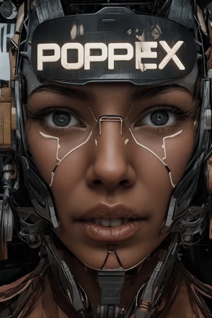 1girl, beautiful face, looking at viewer, blue eyes, english text, lips, eyelashes, makeup, portrait, science fiction, realistic, android, cable, female cyborg, cyberpunk, mechanical parts, neon light on face 