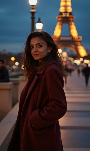 1girl, beautiful, paris, eiffel, night, masterpiece, best quality, high resolution, 8k, sharp focus, cinematography, cinematic lighting, movie scene, muted colors, professional, depth of field, photorealistic, magnificent, maximum details, (RAW, dslr, hdr, highest quality), smooth, roughness, hyper realistic, film grain, bokeh, epic, dramatic, wearing long coat, cinematic long shot, wide shot, full body shot, her long, looking at camera, smile, stand pose,Mallu woman