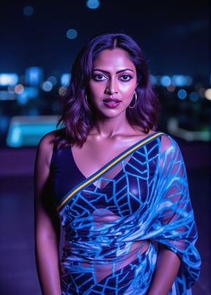 Digital canvas aglow with neon hues, Girl25yo stands poised, saree draping curves like a Tron-inspired grid. Canon 1DX's 50mm lens captures every nuance as she confidently exposes navel, soft lighting casting gentle glow on features. High-res image quality reveals intricate fabric details, saree's folds and patterns shimmering like digital code in a futuristic cityscape.,xamala,Amala Paul