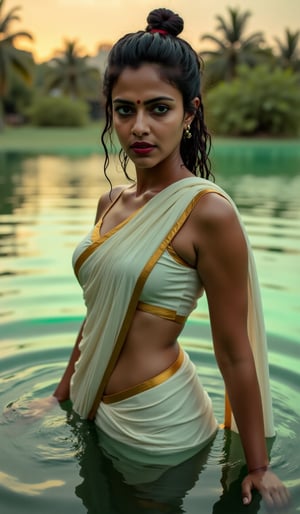  "Matrix: Kairali Warrior"

Description: Visualize a strong, confident Malayali woman dressed in a modern, sleek outfit that combines traditional elements, like a vibrant mundu or kasavu border, with futuristic accessories. She stands in a digital landscape reminiscent of the Matrix, with cascading green code falling around her.

A highly realistic scene of a young woman partially submerged in calm water during sunset. Her skin has natural, human-like textures with soft lighting reflecting off her wet face. She is wearing a traditional white sari with subtle golden accents, drenched in the water. Her hair is loosely tied, with wet strands falling naturally around her face. Her expression is soft and serene, and she wears a small red bindi on her forehead with sindoor in her hair parting. The background shows the realistic reflections of trees and a warm sky, creating a peaceful, lifelike atmosphere without any plastic-like features.",Amala Paul