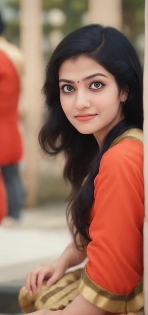 Raw photo of (27yo  Beautiful woman:1.1) (best quality, highres, ultra-detailed:1.2), vibrant colors, red, blue, black, yellow, orange, cinematic colour grading,  Moody colour grading, vilot, glowing dimond, glowing eyes, realistic Raw photo, realistic lighting, traditional saree, royal background , traditional Indian house, Indian culture, exotic beauty, exotic beauty, mesmerizing eyes,Mallu ,Indian dress,Bigger eyes