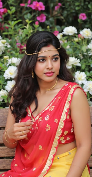 a beautiful Indian woman, dressed in a traditional red and gold saree, adorned with a gold headband. Her hair is styled in a sleek bob, adding a touch of beauty to her outfit. She is seated in front of a backdrop of white and pink flowers, her hair cascades down to her shoulders. The saree is adorned in a vibrant red and yellow pattern, with a matching gold embroidery in the center of her chest. Her bangs are adorned with silver rings, adding contrast to her attire. The backdrop is a mix of green foliage and white flowers, creating a vibrant contrast to the woman's outfit. 