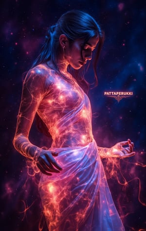 A photorealistic, high-definition image of a woman in a saree, her body glowing with vibrant plasma and emitting energy. The saree flows gracefully, illuminated by neon hues, as cosmic energy pulses from her form. Captured with cinematic lighting on a Fujifilm camera, her face and figure are rendered in stunning detail. The cosmic backdrop of stars and swirling nebulae adds a surreal, otherworldly atmosphere. The word "PATTAPERUKKI" is elegantly displayed in glowing text, blending with the cosmic energy.,Cosmic 