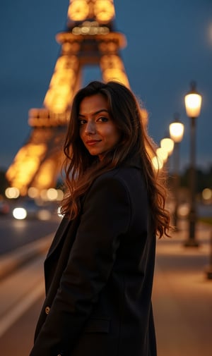 1girl, beautiful, paris, eiffel, night, masterpiece, best quality, high resolution, 8k, sharp focus, cinematography, cinematic lighting, movie scene, muted colors, professional, depth of field, photorealistic, magnificent, maximum details, (RAW, dslr, hdr, highest quality), smooth, roughness, hyper realistic, film grain, bokeh, epic, dramatic, wearing long coat, cinematic long shot, wide shot, full body shot, her long, looking at camera, smile, stand pose,Mallu woman