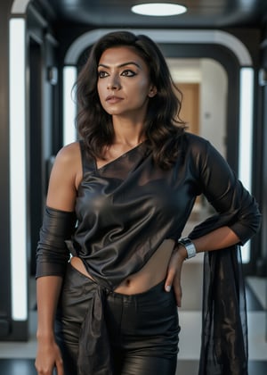 Tron legacy movie style, A stunning portrait of a 25-year-old woman wearing a saree, captured with a Canon 1DX and 50mm f/2.8 lens. The framing of the shot emphasizes her curves as she poses confidently, navel exposed. Soft, natural lighting accentuates her features, while the high-resolution image quality reveals intricate details in the fabric of her attire.,Girl25yo,Futuristic 