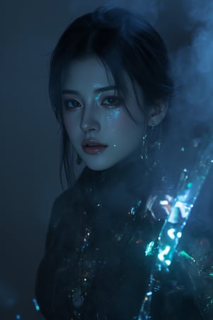 photorealistic,portrait of hubggirl, A dramatic shot, smoky backdrop, a stunning cybernetic girl, metallic confines. She gazes intensely through enhanced, hair soft glow and refracted holographic, ,Fantasy cosplay 