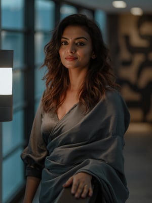 A beautiful 38-year-old Mallu (Malayali) woman with a dusky complexion, dressed in modern, high-fashion attire from the year 2100, standing in a sleek environment. She has elegant facial features with a warm smile, captured in a cinematic shot with a soft, dynamic lighting. Shot on IMAX camera, high-definition detail, realistic textures, and ultra-clear focus.,Mallu woman,Mallu woman