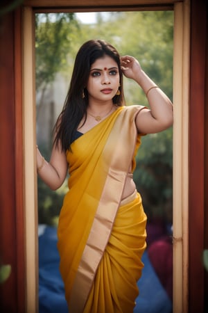Raw photo of (27yo  Beautiful woman:1.1) (best quality, highres, ultra-detailed:1.2), vibrant colors, red, blue, black, yellow, orange, cinematic colour grading, Moody colour grading, vilot, glowing dimond, glowing eyes, realistic Raw photo, realistic lighting, traditional saree, royal background , traditional Indian house, Indian culture, exotic beauty, exotic beauty, mesmerizing eyes,Mallu ,perfect