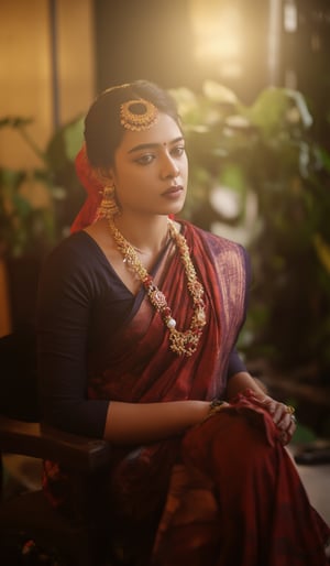 A serene portrait of Kalayani Priyadarshan: A warm golden light illuminates her gentle face, framed by a soft focus blurred background. She sits comfortably on a intricately carved wooden stool, her hands folded in her lap. Her eyes, like pools of calm water, gaze softly into the distance, radiating kindness and wisdom.,ആതിര 