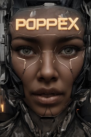 1girl, solo, looking at viewer, blue eyes, english text, lips, eyelashes, makeup, portrait, science fiction, realistic, android, cable, cyborg, cyberpunk, mechanical parts, neon light on face 