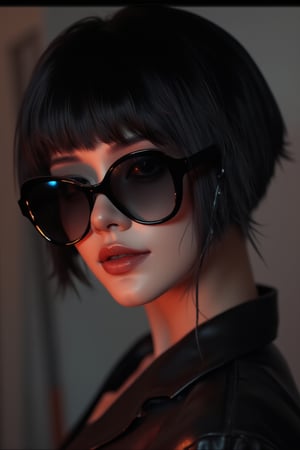 dol of chicago, a beautiful slim curvy pale goth girl with asymmetrical punk rock hair and badass euro design sunglasses. mole on cheek. half portrait by stanley artgerm, dramatic lighting, by nagel, shin jeongho, nick silva and ilya kuvshinov, deviantart