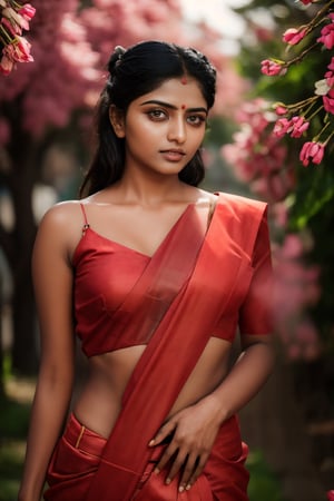 Raw photo of (25yo Kerala Beautiful young woman:1.1) (best quality, highres, ultra-detailed:1.2), vibrant colors, glowing dimond, glowing eyes, realistic Raw photo, realistic lighting, traditional Red saree,  exotic beauty, mesmerizing eyes, girl ,Thrissur,Blossom lady 