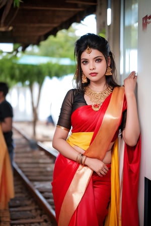 (Thrissur:1.3), (city, railway station, railway track, busy people), Raw photo of (25yo Kerala Beautiful young woman:1.1) (best quality, highres, ultra-detailed:1.2), vibrant colors, glowing dimond, glowing eyes, realistic Raw photo, realistic lighting,  (perfect saree)  exotic beauty, mesmerizing eyes, girl ,Thrissur,Sexy Pose,Styles Pose,1woman,25yo girl