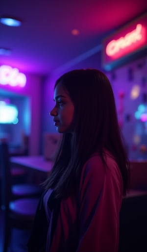 The atmosphere is fun and inviting, featuring colors like black, blue, dark blue, dark purple, gray, light green, purple, and orange. Neon lights in pink, blue, and green illuminate the space, creating a bokeh and Depth of Fieldeffect. The focus is on the girl from the torso to the head, captured in a cinematic style with a Sony A7R IV full-frame camera