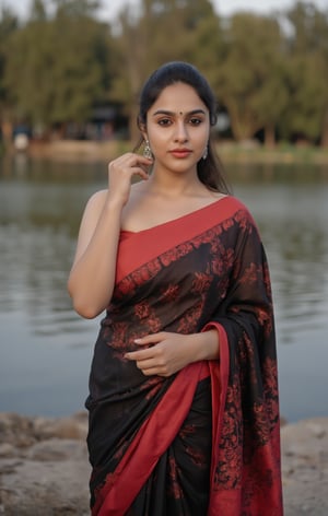 Captured at eye-level, a beautiful Indian woman, dressed in a black and red saree, stands in front of a body of water. Her hair is pulled back in a ponytail, and she's wearing a pair of silver earrings. Her left hand is resting on her hip, and her right hand is draped over her right shoulder. Exposed navel,  and the backdrop is a blend of green and brown trees.