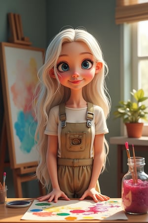  3d  Start with a shot of Ella beautiful princess looking white blonde blue eyes long hair woman in her art studio, a cozy room filled with colorful paint, brushes, and a large canvas. Create illustration