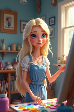    Start with a shot of Ella beautiful princess looking white blonde blue eyes long hair woman in her art studio, a cozy room filled with colorful paint, brushes, and a large canvas. Create illustration