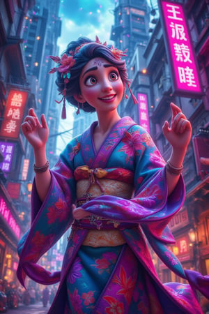  Prompt:

"In a vibrant cyberpunk world, a beautiful holographic geisha is projected mid-air, glowing with ethereal, neon lights. Her traditional kimono shimmers with digital patterns, shifting between shades of electric blue, violet, and pink. She performs a mesmerizing, otherworldly dance, with fluid, graceful movements that defy gravity. Her face is adorned with intricate, glowing tattoos, and her eyes flicker with a soft, alluring light. Around her, towering futuristic skyscrapers and neon signs pulse with energy, casting a mysterious, dreamlike glow over the city. The scene captures the fusion of tradition and futuristic technology, with an air of enigma and allure.",kimonoFT