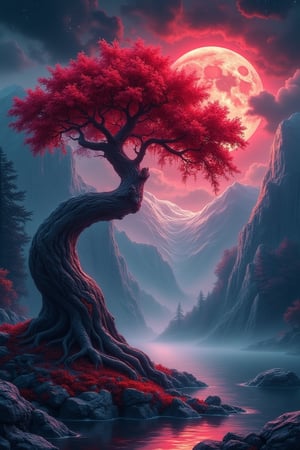   The ethereal beauty of a mystical landscape under the red moonlight. The scene should be illuminated by a large, radiant moon, casting its glow upon a twisted, yet majestic tree with blossoms that seem to sparkle in the night. The tree’s roots should be deeply embedded into rocky terrain, symbolizing its ancient existence. In the background, towering mountains loom, their peaks veiled in mist. A serene lake at the foot of the mountains reflects the moon’s luminescence. Incorporate elements that evoke a sense of magic and mystery.