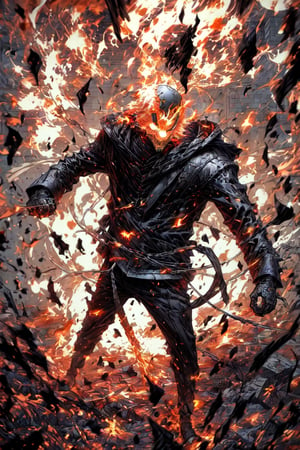 a huge ghost rider zombielike creature with a open head, brain helmet showing through crack in head, in the style of alan bean, selective focus, one blind burning eye shimmering eclectic, unreal engine 5, chris claremont, liam sharp, realistic figures, slimey surface, hyperrealistic marine life, dynamic pose, action shot,Movie Still,oni style,cyberpunk style,pyromancer,urban techwear,glass