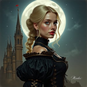 Elegantism, opulent scene, full portrait of a Victorian lady, heroic, black clothes, gold trim, full moon, castle, head and shoulders portrait, 8k resolution. (masterpiece, top quality, best quality, official art, beautiful and aesthetic:1.2), (1girl:1.4), upper body, blonde hair, portrait, extreme detailed, in the style of esao andrews,style,oil paint ,concept,fantasy