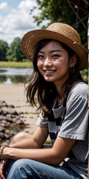 (masterpiece, best quality, photorealistic, ultra-detailed, finely detailed, high resolution, 8K wallpaper), ((a close-up portrait))  of ((1 beautiful woman)), wearing a striped t-shirt, a straw hat, short jeans pants, earrings, necklace, sitting in a camping chair in a camping site near a river, in the morning, perfect dynamic composition, beautiful detailed eyes, smiling, side view, asian girl,1 girl,realhands