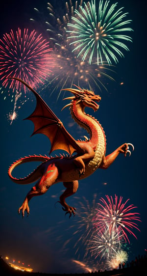 {{ a dragon flying over fireworks }}, chinese dragon, Shallow depth of field, { amazing photo }, {{ stock photo }} (best quality:1.2), (masterpiece:1.2), (detailed:1.33), RAW photograph, (ultrarealistic)