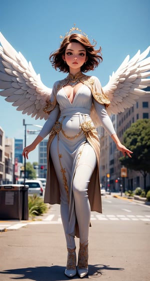 {{ closeup of an angel woman }},  standing in the middle of a street, wings wide open, empty street at the back, { wallpaper, desktop background, desktop wallpaper }, (best quality:1.2), (masterpiece:1.2), (detailed:1.33),wings