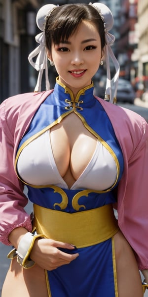 (street fighter chun li:1.2),(masterpiece, best realsitic quality), (xxmix_girl:1.2), intricate details, mature female, Light pink long hair, white skin, light purple eyes, sharp jawline, cropped jacket, messy hair, lips, upper body, medium breasts, upper body, smile, see through,sexy,SF2 CHUN 
