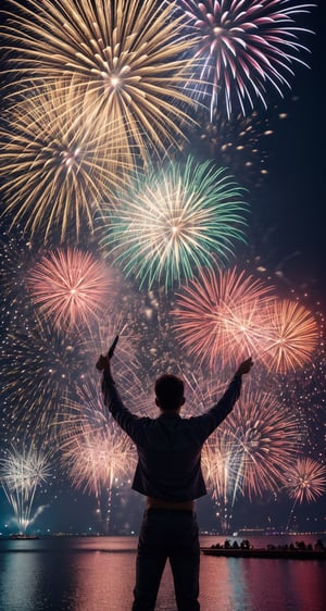 {{ a man celebrating new year }}, fireworks at the back, Shallow depth of field, { amazing photo }, {{ stock photo }} (best quality:1.2), (masterpiece:1.2), (detailed:1.33), RAW photograph, (ultrarealistic)