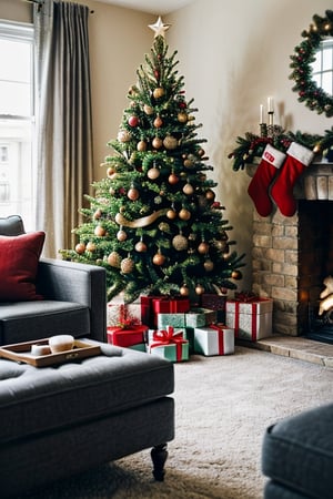 {{ christmas tree }}, living room background,  merry, unknown identity, Shallow depth of field, { amazing photo }, {{ stock photo }} (best quality:1.2), (masterpiece:1.2), (detailed:1.33), RAW photograph, (ultrarealistic),photo r3al