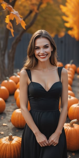 {{ an evil woman }}, wearing a black dress, evil grin, grinning, pumpkins at the back, soft focus portrait, 50 mm camera, shallow depth of field, stunning award winning photo, global illumination, bright environment, highly detailed skin texture, hyper realistic skin, { fullbody, full_body }