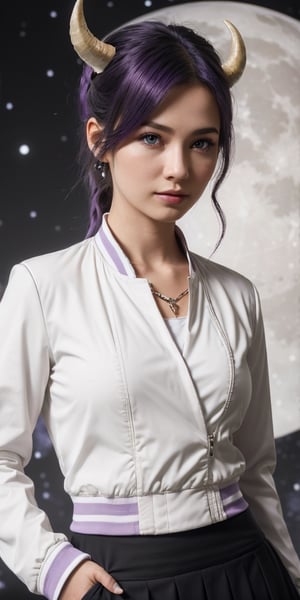 (Masterpiece) (high resolution :1.3) (female 1),,Long Hair,,purple hair,purple eyes,,black is cuter,,black short skirt :1.3,,white jacket,,ponytail hair,black horns, ,(modern background :1 ,3 ),, blue city,, pink white moon,, a woman,shennongshi,perfecteyes