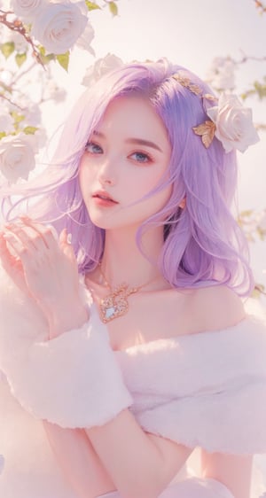 impressionist masterpiece:1.5),  (best quality:1.5),  (detailed face,  detailed eyes,  detailed body,  detailed hands,  detailed clothes,  detailed background:1.5),  (masterpiece,  best quality,  highres:1.3),  ultra resolution image,  (1girl),  light_white_hair,  light purple eyes, elf ears, elf, purple choker, golden necklace, a crystal horn in the middle of her forehead, a purple flower in her hair, an elegant purple dress, a deep neckline, a white fluffy scarf wrapping her arms, let them be seen shoulders, white roses in the background