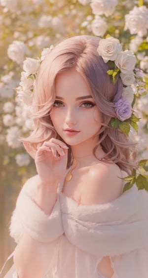 impressionist masterpiece:1.5),  (best quality:1.5),  (detailed face,  detailed eyes,  detailed body,  detailed hands,  detailed clothes,  detailed background:1.5),  (masterpiece,  best quality,  highres:1.3),  ultra resolution image,  (1girl),  light_white_hair,  light purple eyes, elf ears, elf, purple choker, golden necklace, a crystal horn in the middle of her forehead, a purple flower in her hair, an elegant purple dress, a deep neckline, a white fluffy scarf wrapping her arms, let them be seen shoulders, white roses in the background