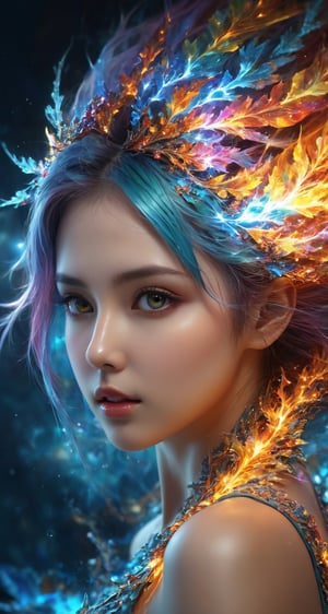 (masterpiece, top quality, best quality, official art, beautiful and aesthetic:1.2), (1girl), extreme detailed,(abstract, fractal art:1.3),colorful hair,highest detailed, detailed_eyes, fire, water, ice, lightning, light_particles