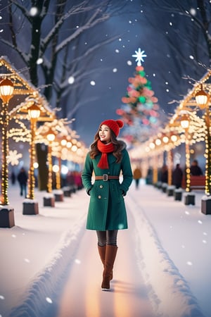 Create AI art portraying the beautiful woman in a Christmas setting, a snowy park adorned with twinkling lights and festive decorations. Picture her strolling along a path surrounded by glistening snow, with the soft glow of holiday lights casting a warm and magical ambiance. The scene should evoke a sense of tranquility and joy, capturing the essence of a peaceful Christmas moment in a charming winter landscape.,kimtaeri-xl,FilmGirl,more detail XL