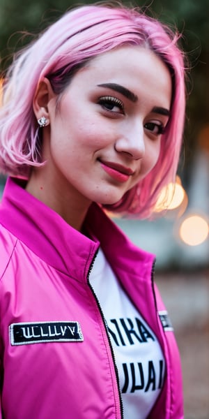 (masterpiece, best quality), intricate details, thin, ((slim)), beautiful girl, Light pink hair, white skin, light purple eyes, sharp jawline, cropped jacket, messy hair, plump lips, upper body, close up, smirk,perfecteyes,Bulma_DB,blurry_light_background