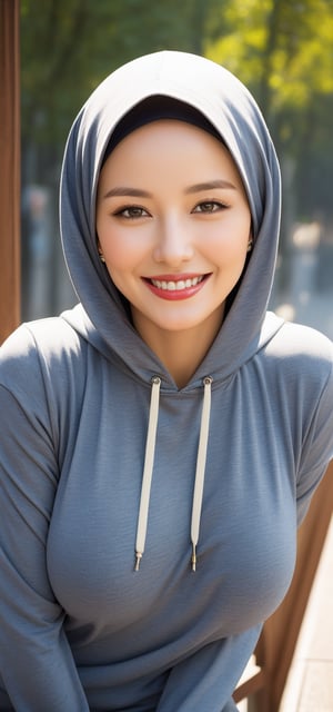 Best quality, masterpiece, photorealistic, ultra high res, 8K raw photo, beautifull face, white hijab,  small_breasts, batik attire, happy smiling, ((Perfect Face)), ((Sexy Face)), brunette, Anders Zorn, full shot of a beautiful girl ,detailed skin, detailed background, finely detailed, 8k uhd, dslr, detailed fingers, at cty view, skintight, batik hoodie, full_body, exposed tits