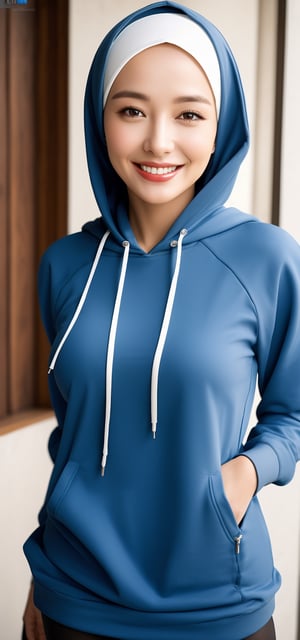 Best quality, masterpiece, photorealistic, ultra high res, 8K raw photo, beautifull face, white hijab,  small_breasts, batik attire, happy smiling, ((Perfect Face)), ((Sexy Face)), brunette, Anders Zorn, full shot of a beautiful girl ,detailed skin, detailed background, finely detailed, 8k uhd, dslr, detailed fingers, at cty view, skintight, batik hoodie, full_body, exposed tits