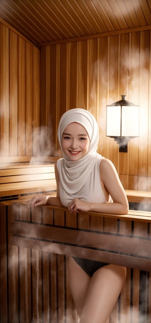 Best quality, masterpiece, photorealistic, ultra high res, 8K raw photo, beautifull face, white hijab,  small_breasts, sauna attire, happy smiling, ((Perfect Face)), ((Sexy Face)), brunette, Anders Zorn, full shot of a beautiful girl ,detailed skin, detailed background, finely detailed, 8k uhd, dslr, detailed fingers, at sauna, skintight, full_body