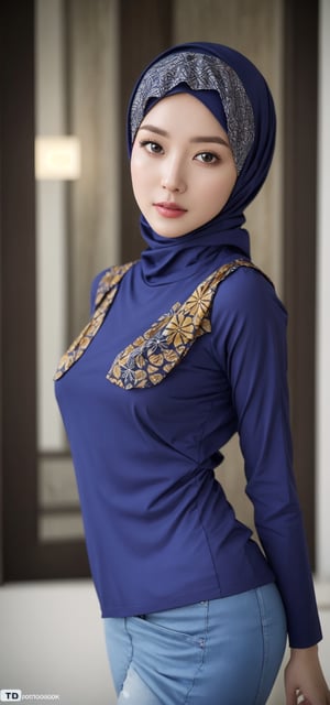 Best quality, masterpiece, photorealistic, ultra high res, 8K raw photo, beautifull face, batik hijab, batik shirt, beautiful face, ((Perfect Face)), ((Sexy Face)), brunette, Anders Zorn, full shot of a beautiful girl ,detailed skin, detailed background, finely detailed, 8k uhd, dslr, detailed fingers, at porn start event, skintight,  full_body, slim