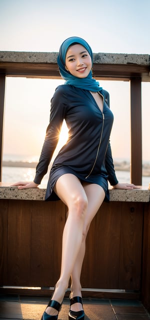 Svitore and in shirt attire with blue and brown hijab, perfect face, ,perfect body, nice girl body, spread leg, shot of sexy beautiful girl, innocent, light smile, sunset view, idol posing, sitting with long legs, beautiful leg, show pussy